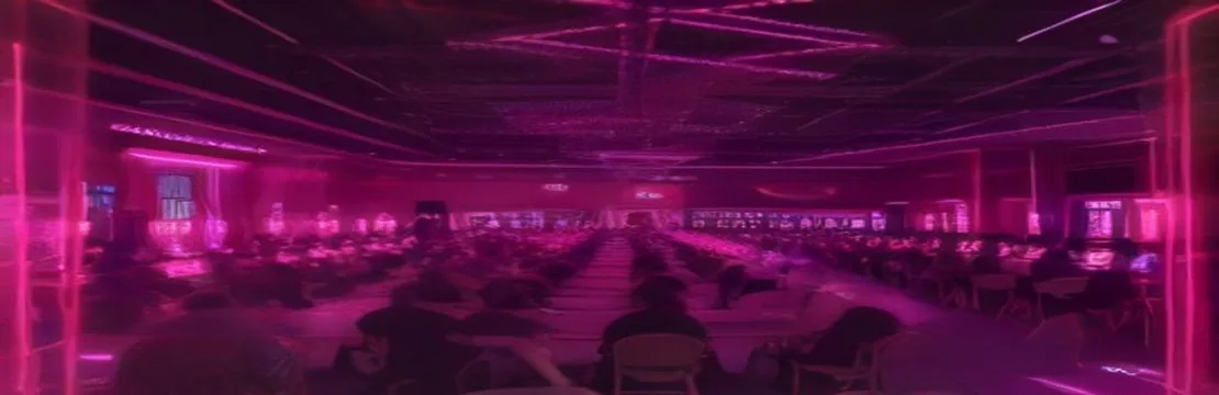 Crowded casino floor with slot machines and people playing